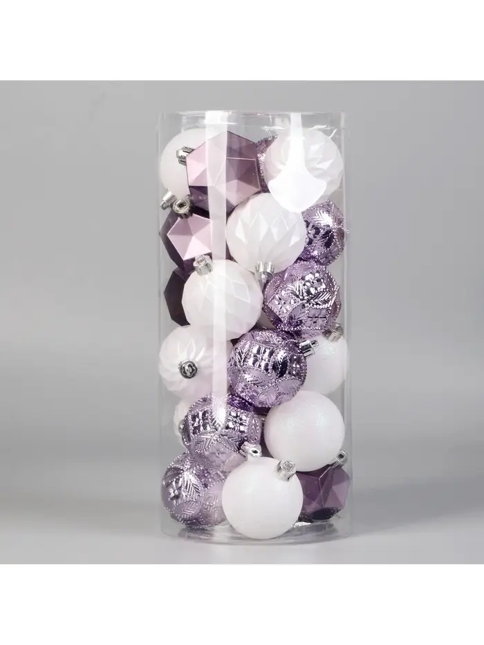 Ёлочные игрушки &laquo;Изабель&raquo; грани, шары новогодние, d=6 см, набор 24 шт., белый/сиреневый