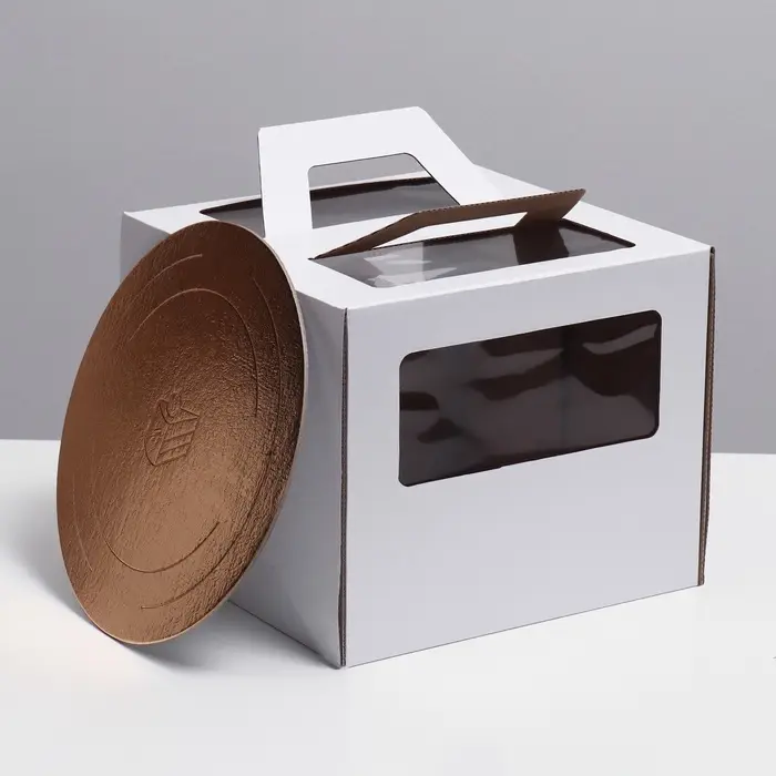 Коробка под торт 2 окна, с ручками, белая, + подложка 2.5 золото - белый, 28&times;28&times;20 см