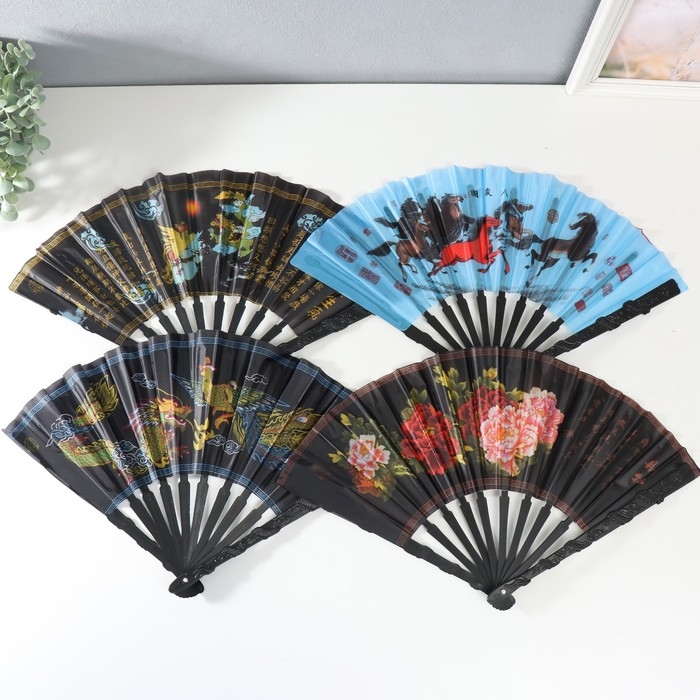 Веер пластик, текстиль h=30 см  Веер пластик, текстиль h=30 см "Китайская мифология" МИКС