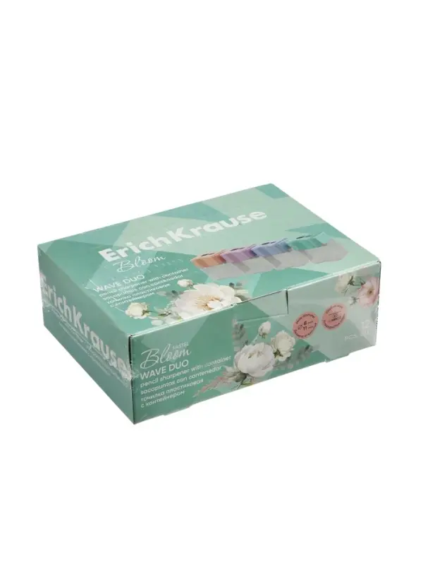 Точилка ErichKrause Wave Duo Pastel Bloom, 2 отверстия, с контейнером, МИКС