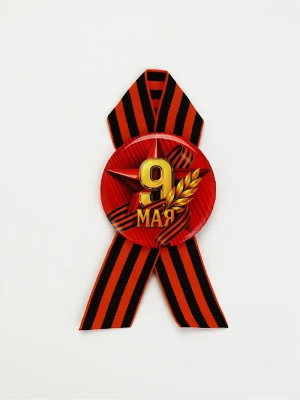 Значок с лентой с лентой "9 мая колос" красный