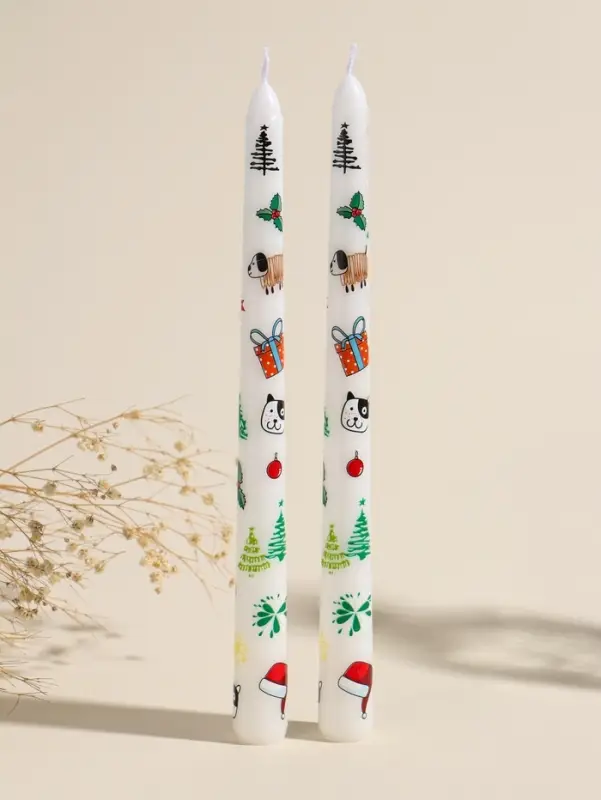 Набор свечей античных, 2,2х25 см, 2 шт "Новогодние пёсики" белые 8х28х2,3 см