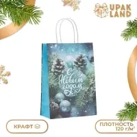 Пакет бумажный подарочный новогодний крафт «Шишки в снегу» 18×8×25 см