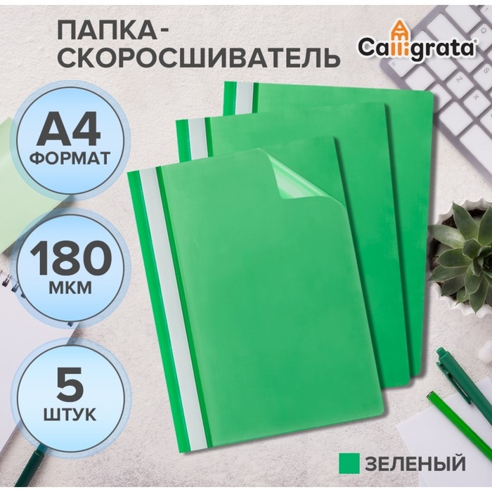 Набор папок-скоросшивателей А4, 5 штук, Calligrata, 180 мкм, с прозрачным верхом, зелёный Набор папок-скоросшивателей А4, 5 штук, Calligrata, 180 мкм, с прозрачным верхом, зелёный