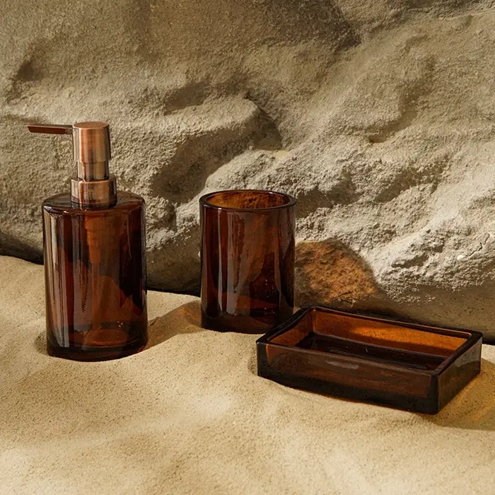 Аксессуары для ванной SL Home, 3 предмета, дозатор, мыльница, стакан, коричневый