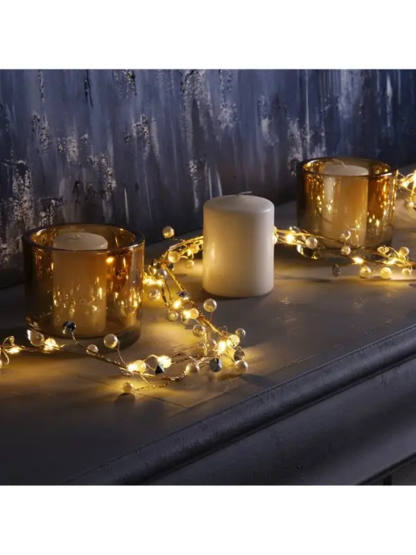 Гирлянда &laquo;Мишура&raquo; 1.2 м, роса с насадками &laquo;Бусины&raquo;, IP20, серебристая нить, 20 LED, от батареек CR2032&times;2, свечение тёплое белое