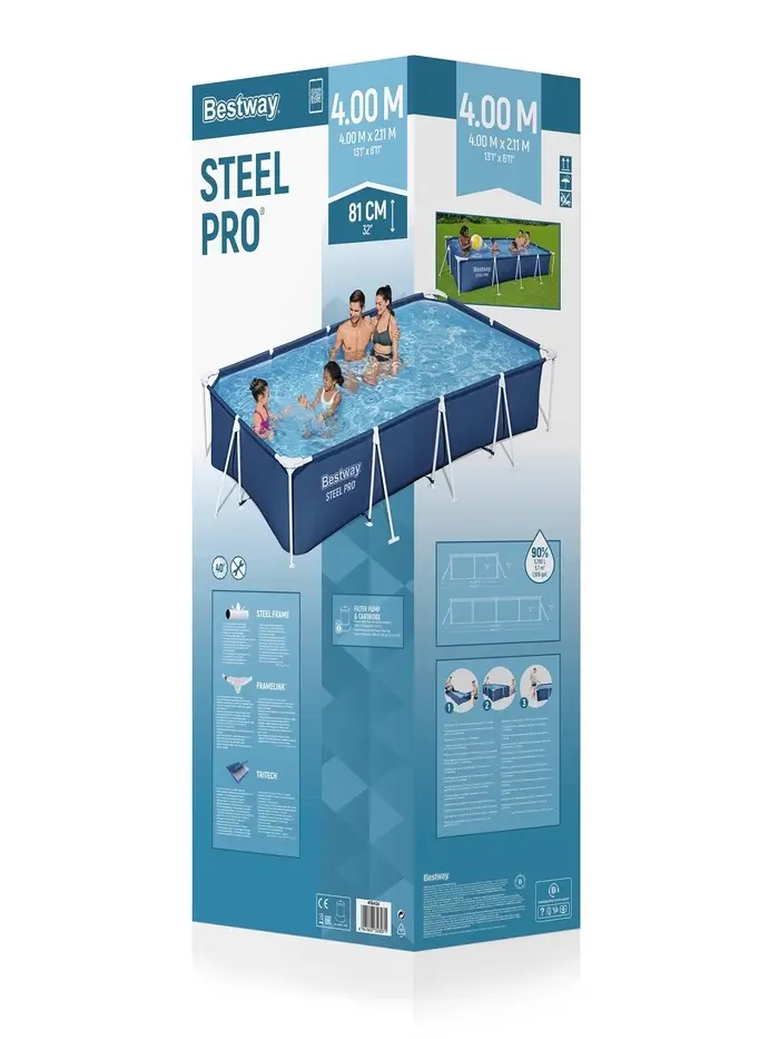 Бассейн каркасный Steel Pro, 400&times;211&times;81 см, фильтр-насос, прямоугольный, синий, 56424 Bestway