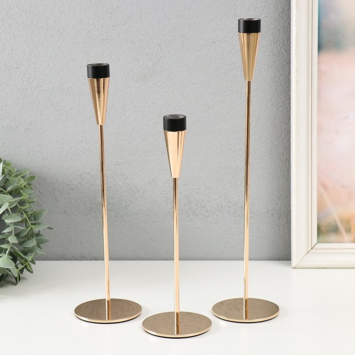 Подсвечник металл Подсвечник металл "Узкий бокал" d=2 см набор 3 шт золото с чёрным 25 см, 30 см, 34,8 см