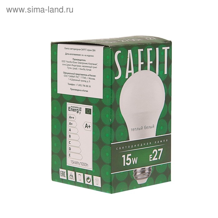 Лампа светодиодная SAFFIT SBA6015, A60, E27, 15 Вт, 230 В, 2700 К, 1500 Лм, 220°, 118х60 мм Лампа светодиодная SAFFIT SBA6015, A60, E27, 15 Вт, 230 В, 2700 К, 1500 Лм, 220°, 118х60 мм