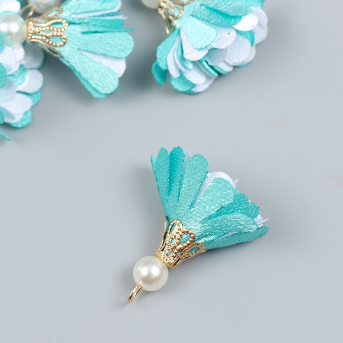 Декор текстиль "Цветок 2 цвета с жемчужиной. Небесный и белый" набор 6 шт 3 см