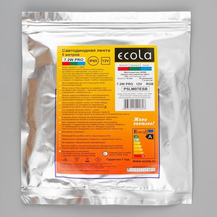 Cветодиодная лента Ecola PRO 5 м, IP65, SMD5050, 30 LED/м, 7.2 Вт/м, 12 В, RGB Cветодиодная лента Ecola PRO 5 м, IP65, SMD5050, 30 LED/м, 7.2 Вт/м, 12 В, RGB