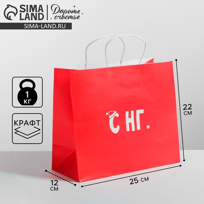 Пакет подарочный новогодний крафт «С НГ», 25 х 22 х 12 см, Новый год Пакет подарочный новогодний крафт «С НГ», 25 х 22 х 12 см, Новый год