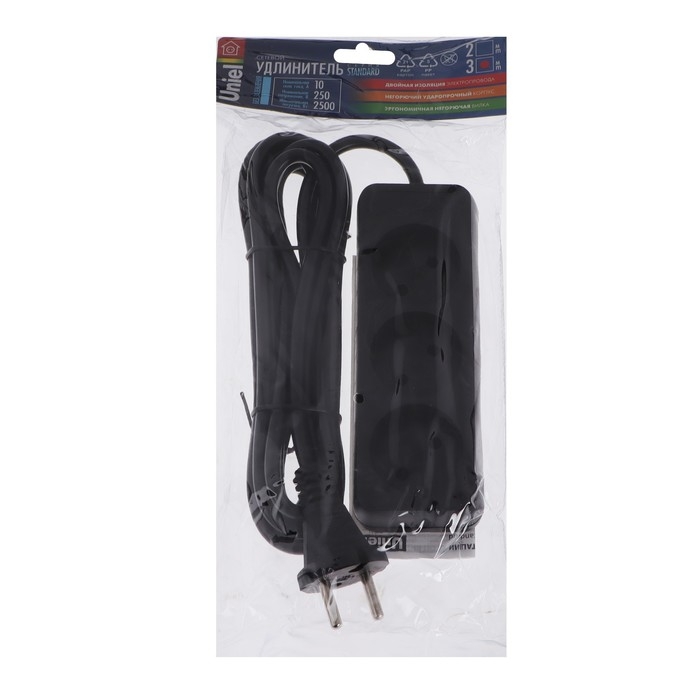 Удлинитель Uniel Standart, 3 розетки, 3 м, 10 А, 2500 Вт, без з/к, черный Удлинитель Uniel Standart, 3 розетки, 3 м, 10 А, 2500 Вт, без з/к, черный