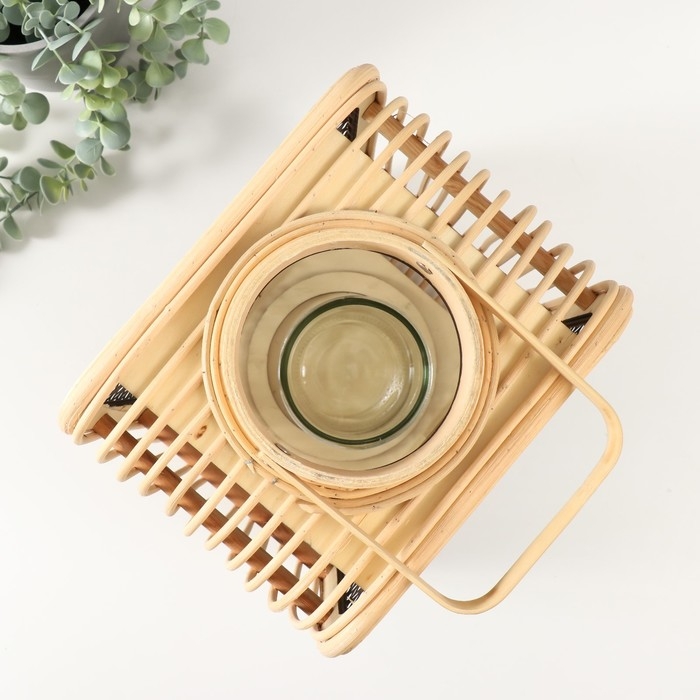 Подсвечник ротанг, металл Подсвечник ротанг, металл "Фонарик. Сеточка. Прямоугольный" 31,5х24,5х19 см