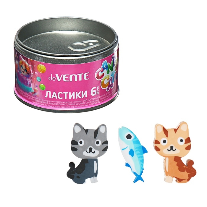 Ластик deVENTE Candy Cat, набор 6 штук, 40х27х7мм и 40х17х5мм, железная банка Ластик deVENTE Candy Cat, набор 6 штук, 40х27х7мм и 40х17х5мм, железная банка