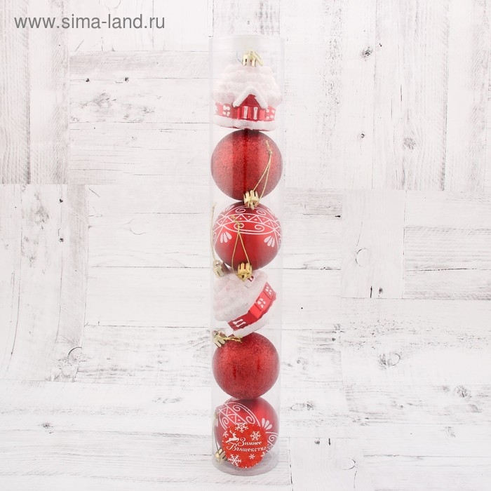 Набор украшений пластик 6 шт Набор украшений пластик 6 шт "Праздник" (4 шара, 2 домика) 6 см, красный