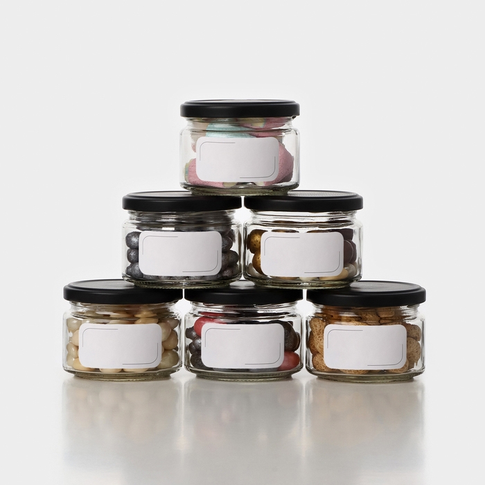 Набор стеклянных банок с черной крышкой и этикеткой, ТО-82, 250 мл, 6 шт Набор стеклянных банок с черной крышкой и этикеткой, ТО-82, 250 мл, 6 шт