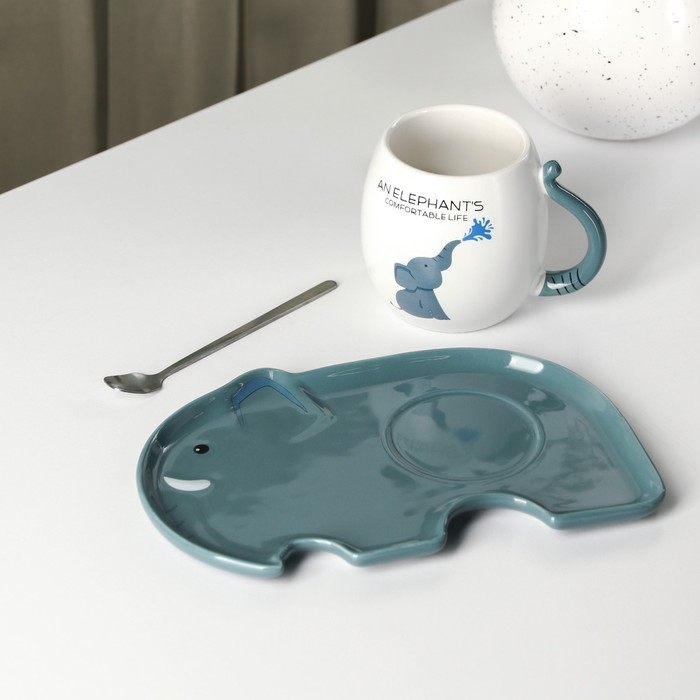 Чайная пара керамическая «Слоник», 2 предмета: кружка с ложкой 220 мл, блюдце 19×12,5 см Чайная пара керамическая «Слоник», 2 предмета: кружка с ложкой 220 мл, блюдце 19×12,5 см