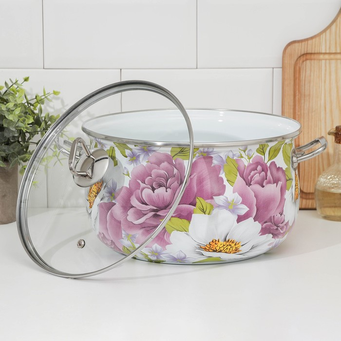 Кастрюля эмалированная «Пион», 5.7 л, стеклянная крышка, индукция Кастрюля эмалированная «Пион», 5.7 л, стеклянная крышка, индукция