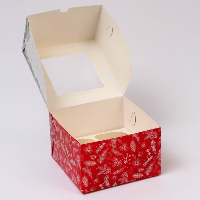 Новый год. Коробка для 4 капкейка с окном  Новый год. Коробка для 4 капкейка с окном "Новогодние подарки", 16 х 16 х 10 см, упаковка