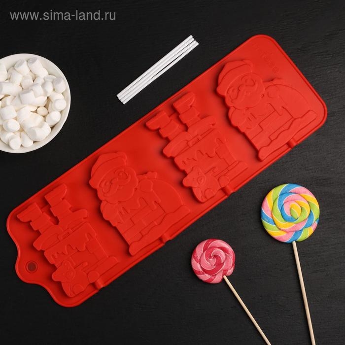 Форма для леденцов новогодняя Доляна «Дед Мороз», силикон, 36×12 см, 4 ячейки (10,2×7,5 см), с палочками, цвет МИКС Форма для леденцов новогодняя Доляна «Дед Мороз», силикон, 36×12 см, 4 ячейки (10,2×7,5 см), с палочками, цвет МИКС