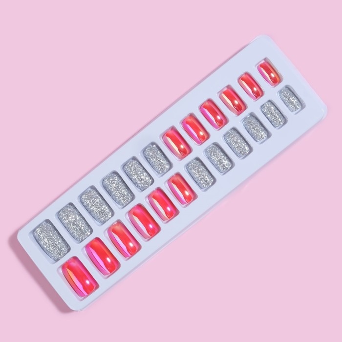 Накладные ногти, 24 шт, с клеевыми пластинами, форма мягкий квадрат, цвет серебристый/голография Накладные ногти, 24 шт, с клеевыми пластинами, форма мягкий квадрат, цвет серебристый/голография