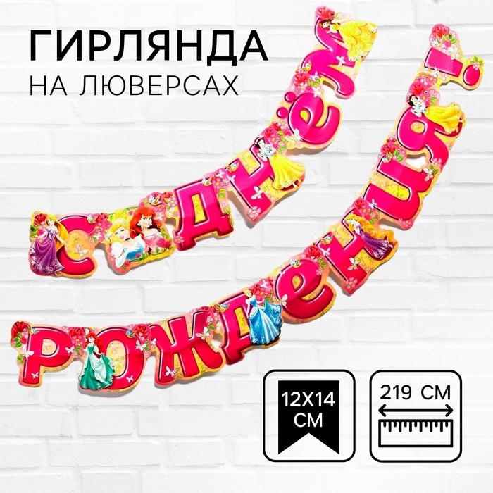 Гирлянда на люверсах "С Днем Рождения!", длина 219 см, Принцессы