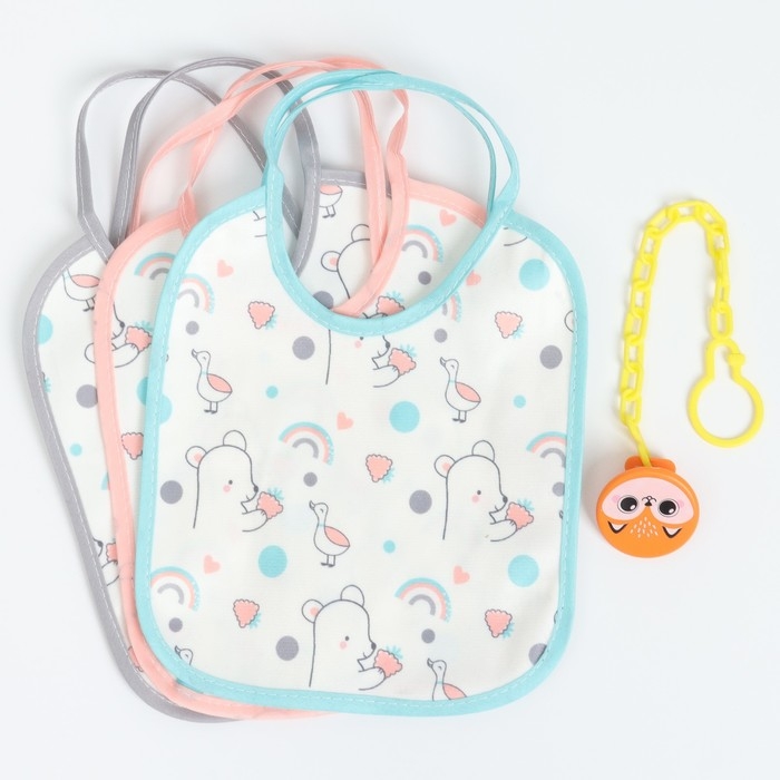 Набор детских слюнявчиков Крошка Я, 3 шт. + подарок, 20х17 см., цвет бирюзовый, розовый, серый Набор детских слюнявчиков Крошка Я, 3 шт. + подарок, 20х17 см., цвет бирюзовый, розовый, серый