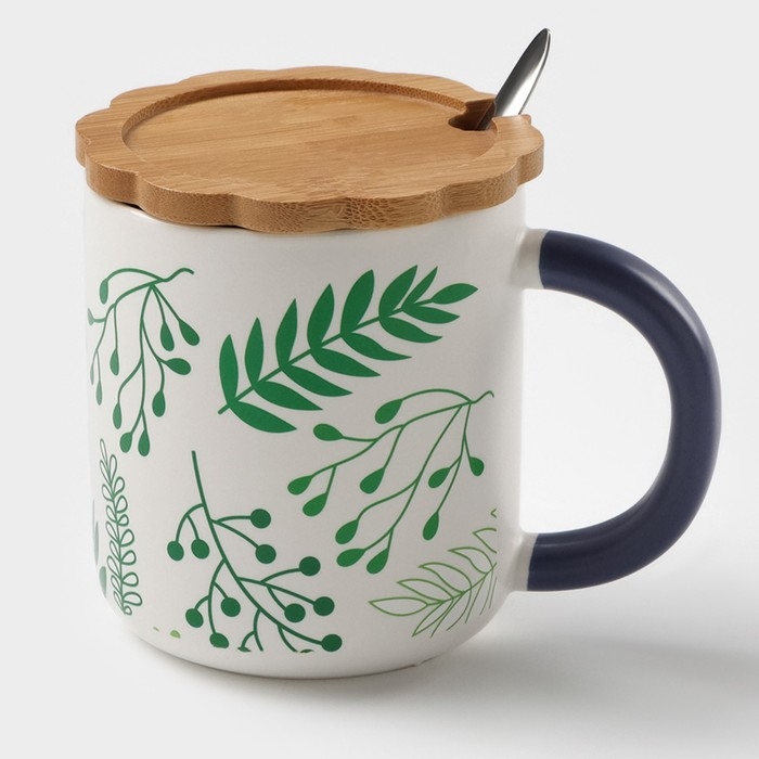 Кружка керамическая с ложкой «Гербарий», 350 мл, цвет белый Кружка керамическая с ложкой «Гербарий», 350 мл, цвет белый