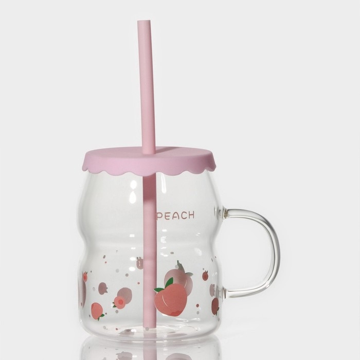 Кружка стеклянная с силиконовой крышкой и трубочкой «Фрутис», 400 мл, цвет МИКС Кружка стеклянная с силиконовой крышкой и трубочкой «Фрутис», 400 мл, цвет МИКС