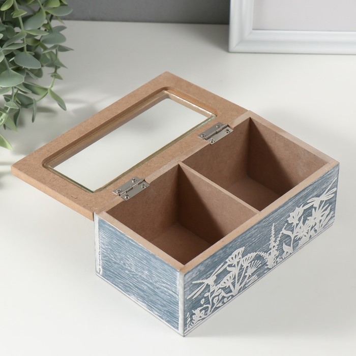 Шкатулка дерево 2 деления  Шкатулка дерево 2 деления "Стрекозы и цветы" синяя 8,8х16,2х7 см