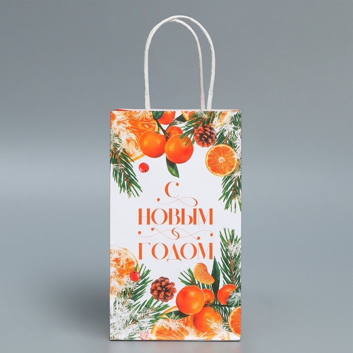 Пакет подарочный новогодний крафтовый «Новогодний цитрус», 12 х 21 х 9 см, Новый год Пакет подарочный новогодний крафтовый «Новогодний цитрус», 12 х 21 х 9 см, Новый год