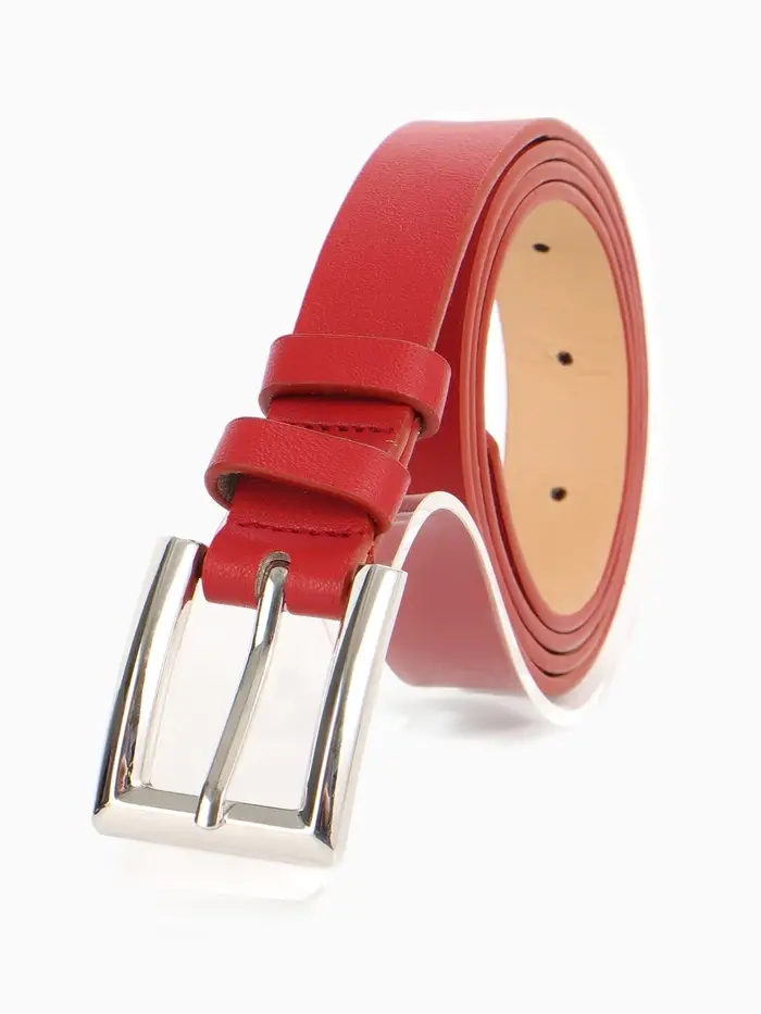 Ремень женский, 110&times;2.3 см, классическая пряжка металл, серебристая, красный