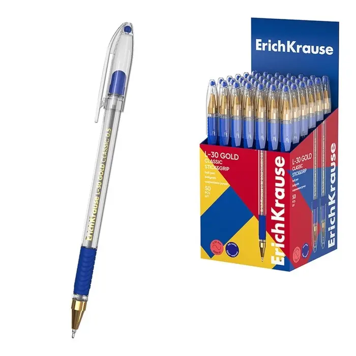 Ручка шариковая ErichKrause L-30 Gold Stick Grip, Super Glide, уз 0,5мм, синяя