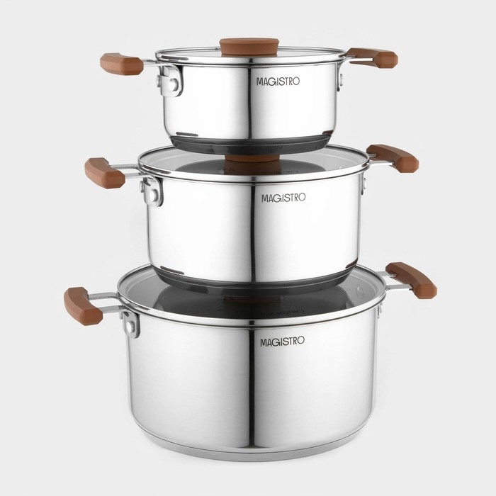 Набор кастрюль из нержавеющей стали Magistro, 3 шт: d=16/20/24 см, штабелируемые, индукция Набор кастрюль из нержавеющей стали Magistro, 3 шт: d=16/20/24 см, штабелируемые, индукция