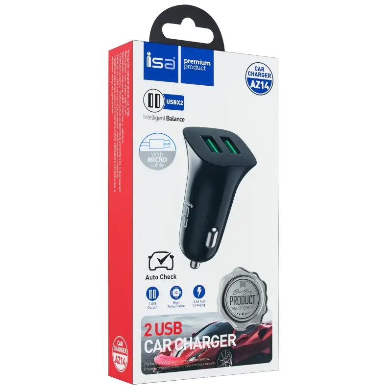 АЗУ AZ14 USB на Micro USB + 2 USB 2.4A ISA черное