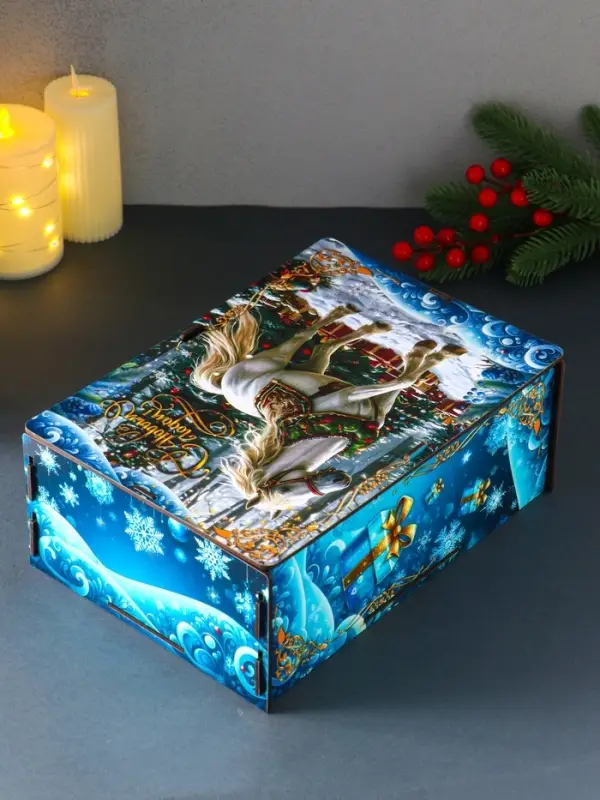 Шкатулка-ящик  самосборный большой  с символом года "Белая лошадь на голубом",  28х19,5х11 см 109035