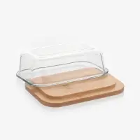 Маслёнка, 17.4&times;13&times;6.5 см, с бамбуковой крышкой-подставкой и ножом, стекло, прозрачная