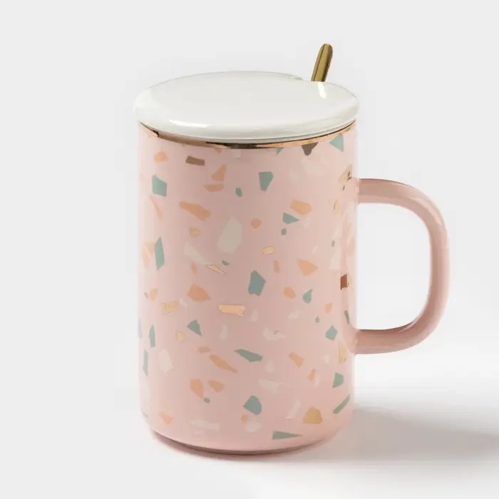 Кружка с крышкой и ложкой &laquo;Анабель&raquo;, 400 мл, керамика, рисунок МИКС