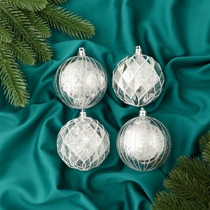 Набор шаров пластик d-8 см, 4 шт Набор шаров пластик d-8 см, 4 шт "Калейдоскоп" серебро