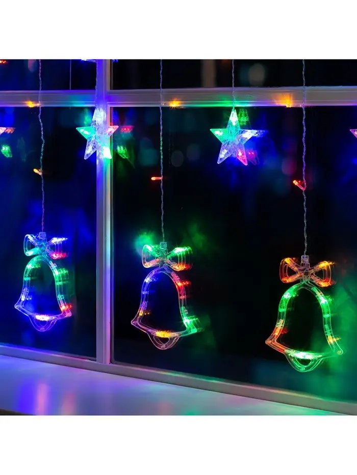 Гирлянда &laquo;Бахрома&raquo; 2.4&times;0.9 м с насадками &laquo;Колокольчики&raquo;, IP20, прозрачная нить, 138 LED, свечение мульти, 8 режимов, 220 В