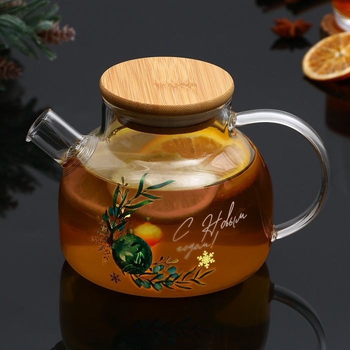 Новый год. Чайник заварочный стеклянный с бамбуковой крышкой «С Новым годом!», 600 мл Новый год. Чайник заварочный стеклянный с бамбуковой крышкой «С Новым годом!», 600 мл
