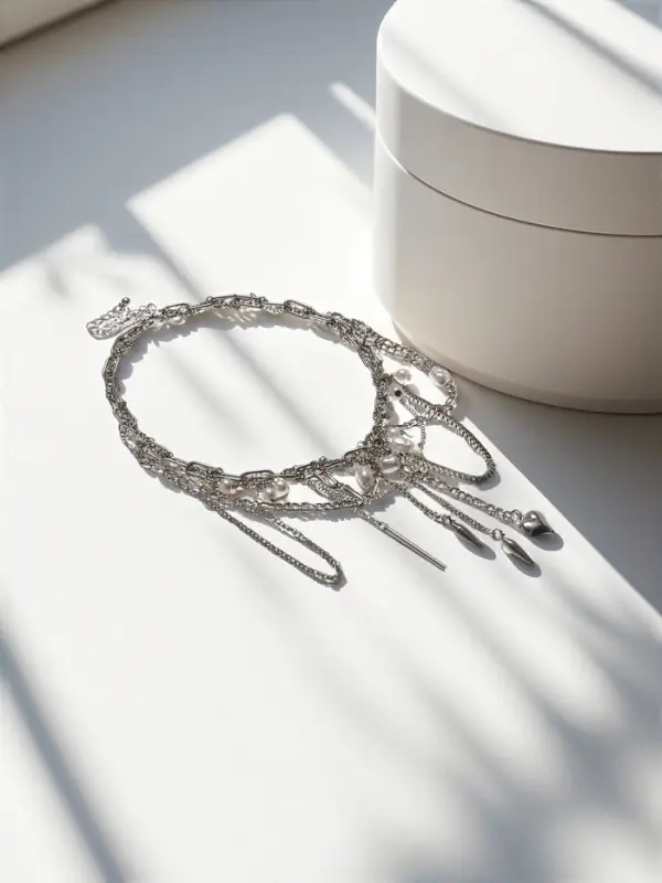 Колье "Многослойность" сердце с жемчугом, цвет белый в серебре