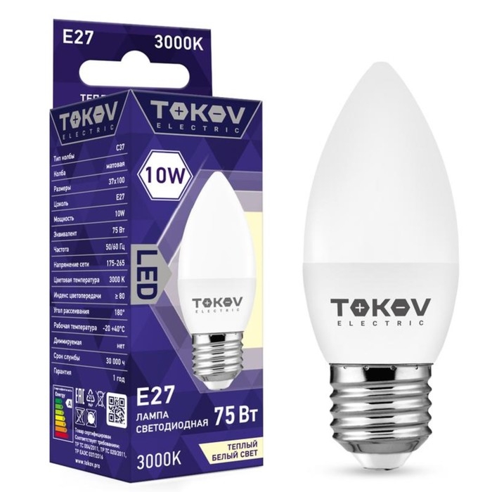 Лампа светодиодная TOKOV ELECTRIC, 10 Вт, С37, 3000 К, Е27, 176-264В Лампа светодиодная TOKOV ELECTRIC, 10 Вт, С37, 3000 К, Е27, 176-264В