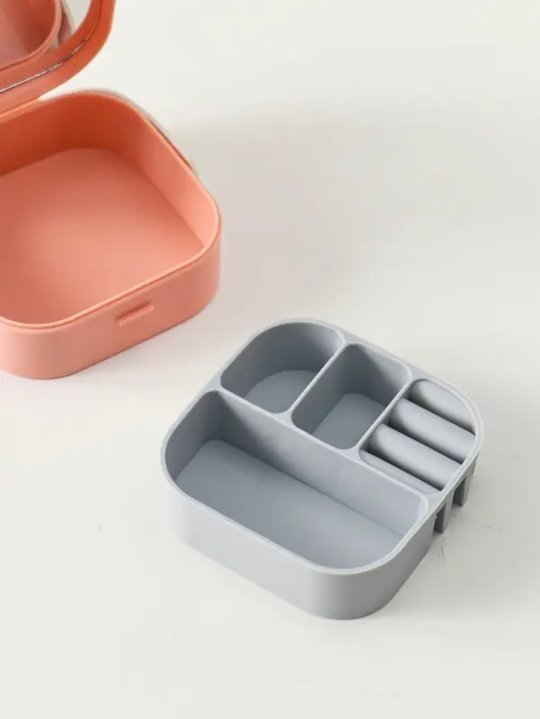 Шкатулка пластик для украшений с зеркалом, с ручкой 3 ячейки, 3 полосы, персик 9х9х3,8 см