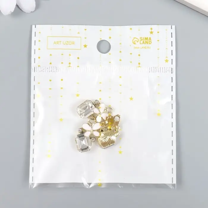 Декор для творчества металл, эмаль, стразы "Бабочка белая на кристалле" золото 1,4х2,1 см
