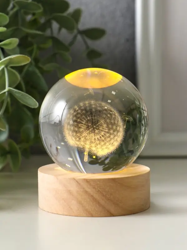 Световая фигурка &laquo;Одуванчик&raquo;, LED-ночник, стекло d=6 см, подставка дерево, USB, 6.5&times;6.5&times;7.5 см