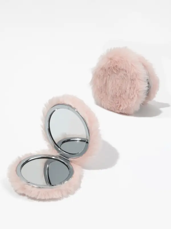 Зеркало складное круг (2) с/увел МЕХ d8см искусств мех/пластик розовый пакет QF