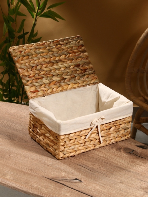 Корзинка прямоугольная с крышкой и тканевым подкладом, 33х22х14 см, водный гиацинт