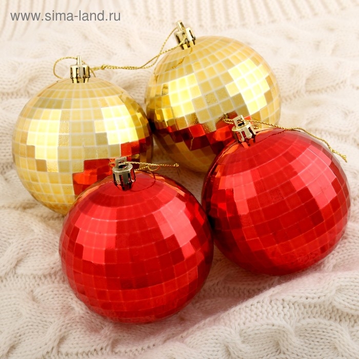 Набор шаров пластик d-8 см, 4 шт Набор шаров пластик d-8 см, 4 шт "Диско" красный золото